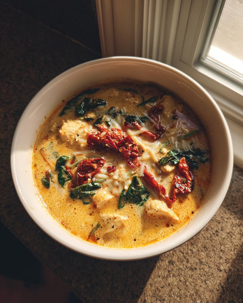Close-up overhead view of a creamy Tuscan chicken soup topped with spinach, sun-dried tomatoes, and cheese.