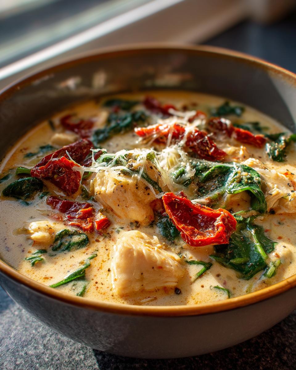 A close-up of a bowl of creamy Tuscan chicken soup featuring chunks of chicken, spinach, and sun-dried tomatoes.