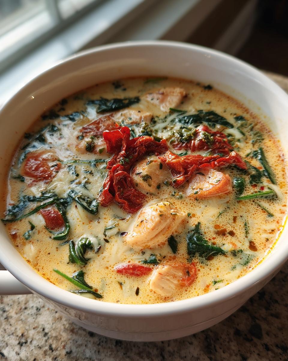 Close-up of a bowl of creamy Tuscan chicken soup with spinach and sun-dried tomatoes.