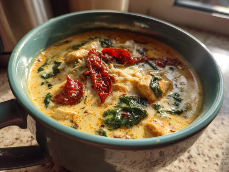 Close-up of creamy Tuscan chicken soup with sun-dried tomatoes and spinach in a teal mug.