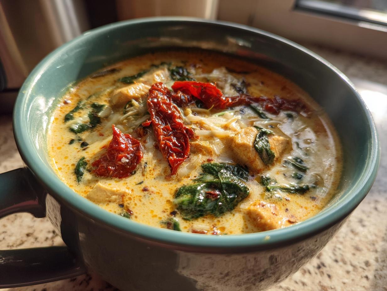 Close-up of creamy Tuscan chicken soup with sun-dried tomatoes and spinach in a teal mug.
