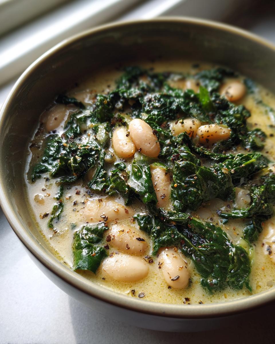 Close-up of creamy tuscan white bean soup featuring plump white beans and dark green wilted kale, topped with cracked black pepper.