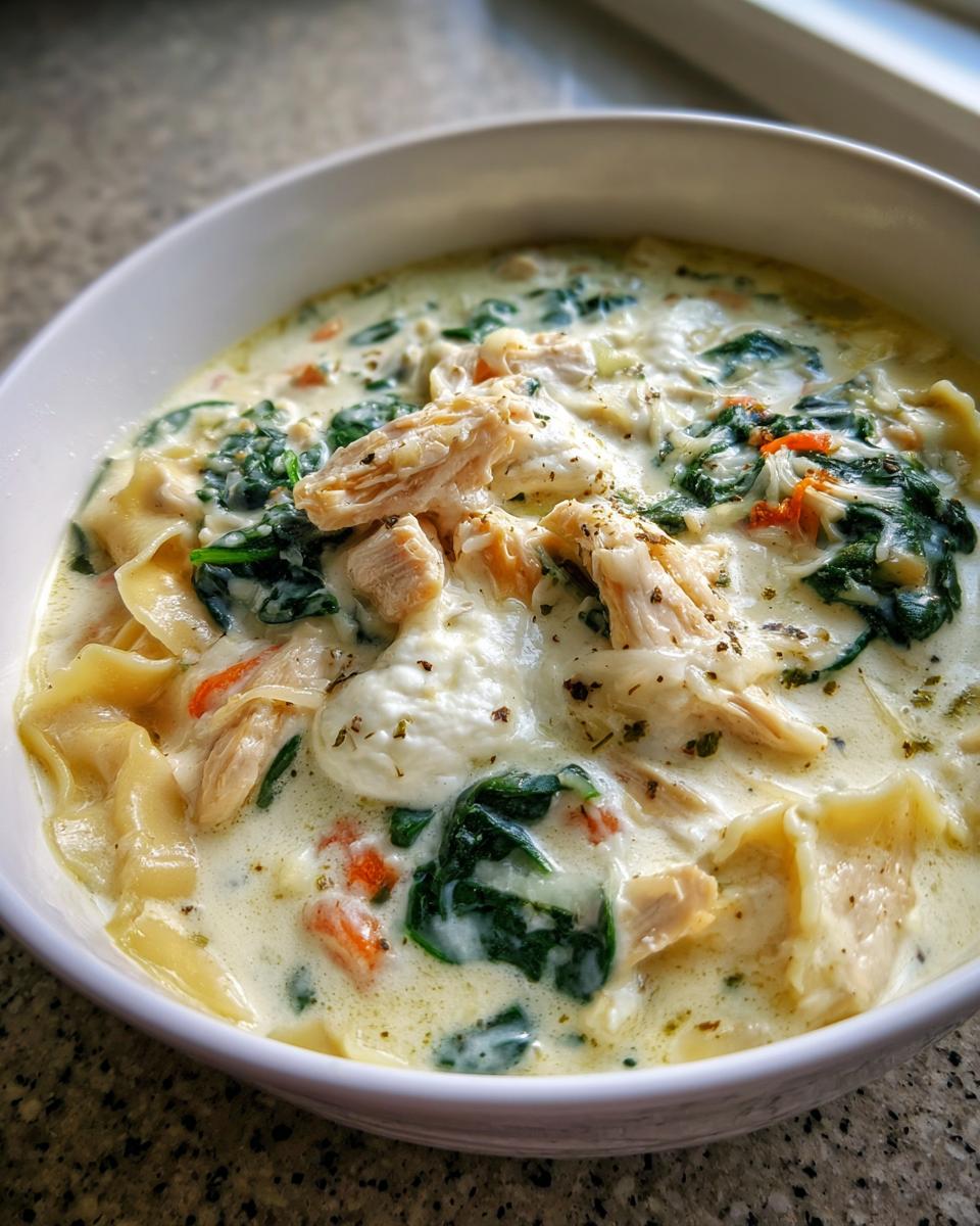 Close-up of a white bowl filled with creamy white chicken lasagna soup, featuring shredded chicken, spinach, and lasagna noodles.