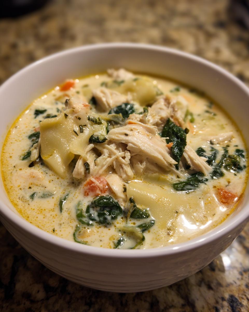 A close-up of a white bowl filled with creamy white chicken lasagna soup featuring shredded chicken, spinach, and lasagna noodles.