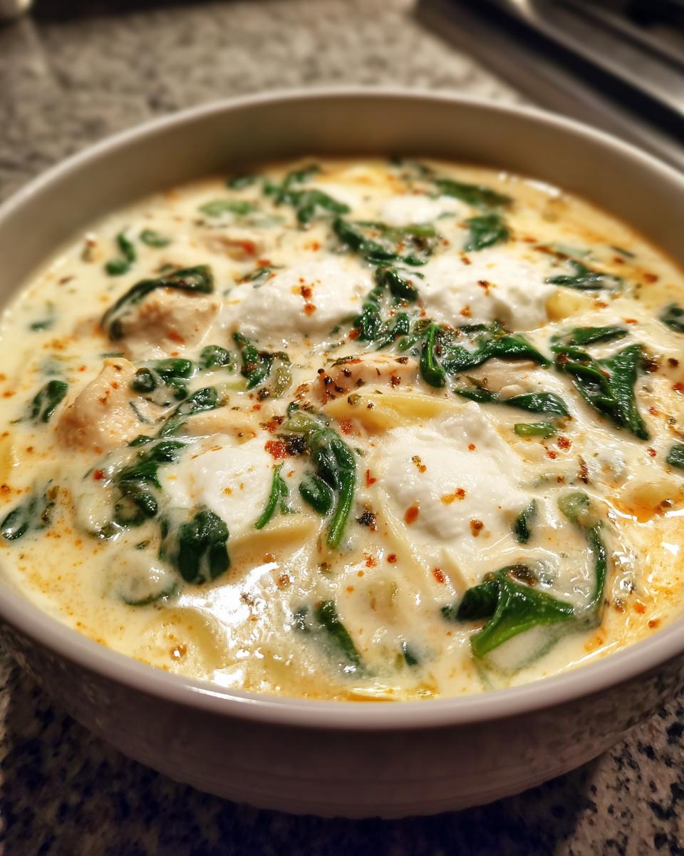 Close-up of a bowl of creamy white chicken lasagna soup, featuring chunks of chicken, wilted spinach, and dollops of ricotta cheese.