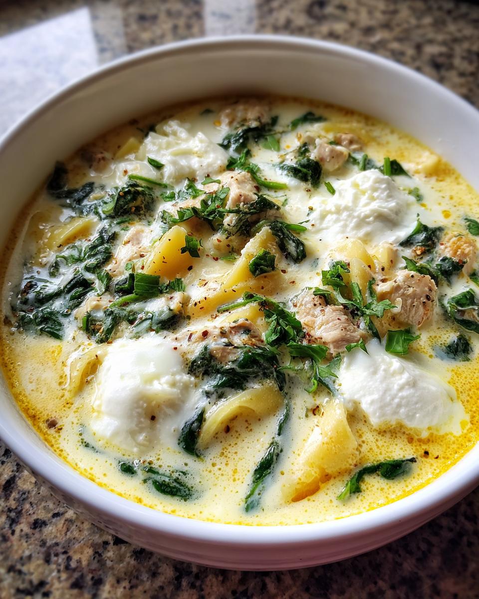 Close-up of a white bowl filled with creamy white chicken lasagna soup, featuring pasta, chicken pieces, spinach, and dollops of ricotta.