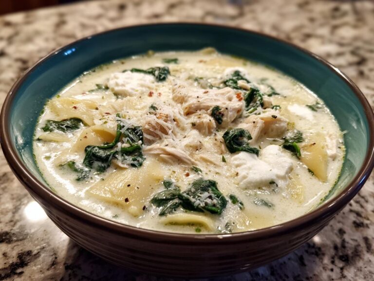 A close-up of a bowl of creamy white chicken lasagna soup, featuring shredded chicken, spinach, and pasta.