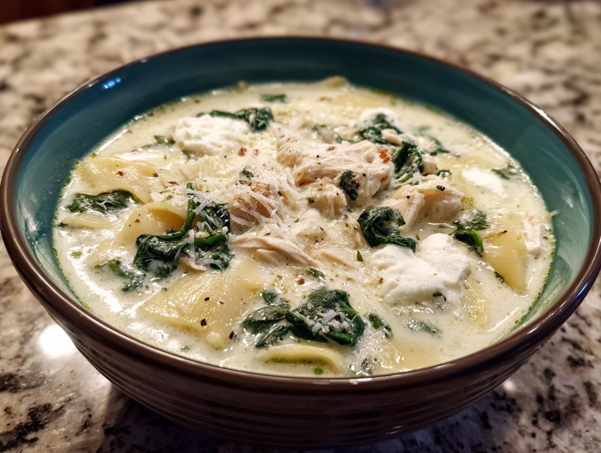 A close-up of a bowl of creamy white chicken lasagna soup, featuring shredded chicken, spinach, and pasta.