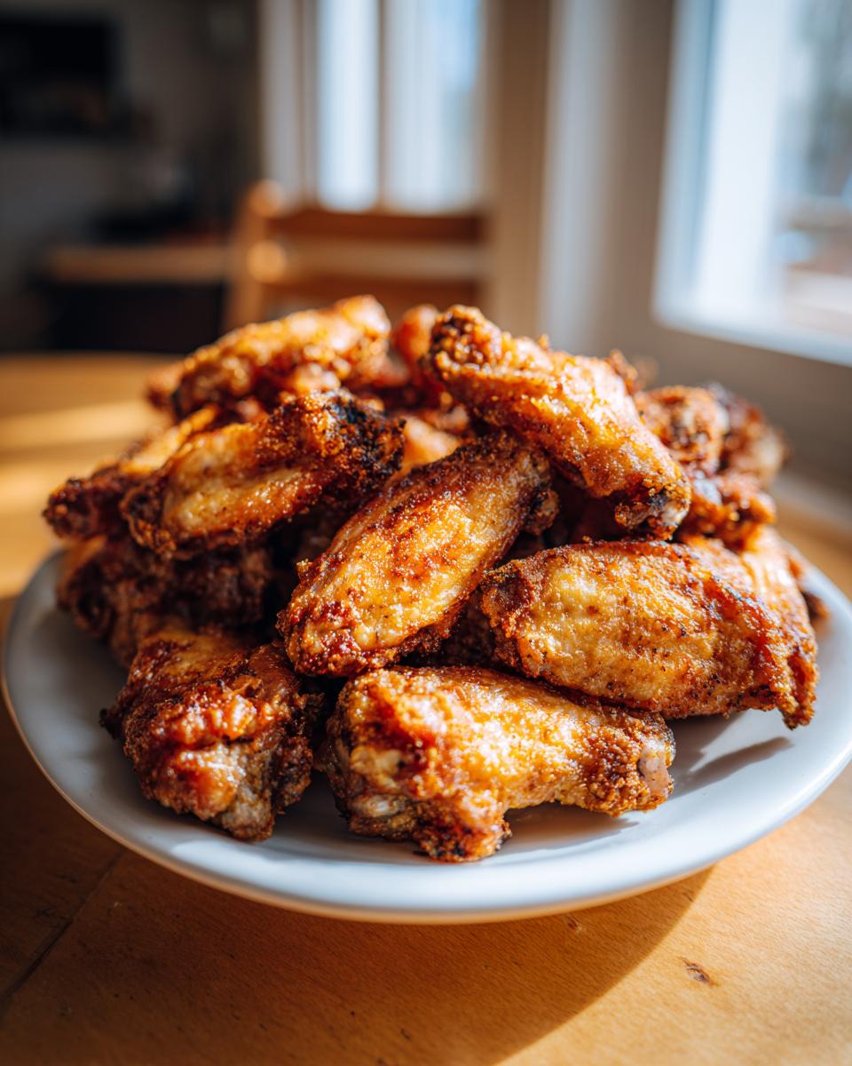 A large pile of golden brown, crispy air fryer chicken wings served on a white plate.