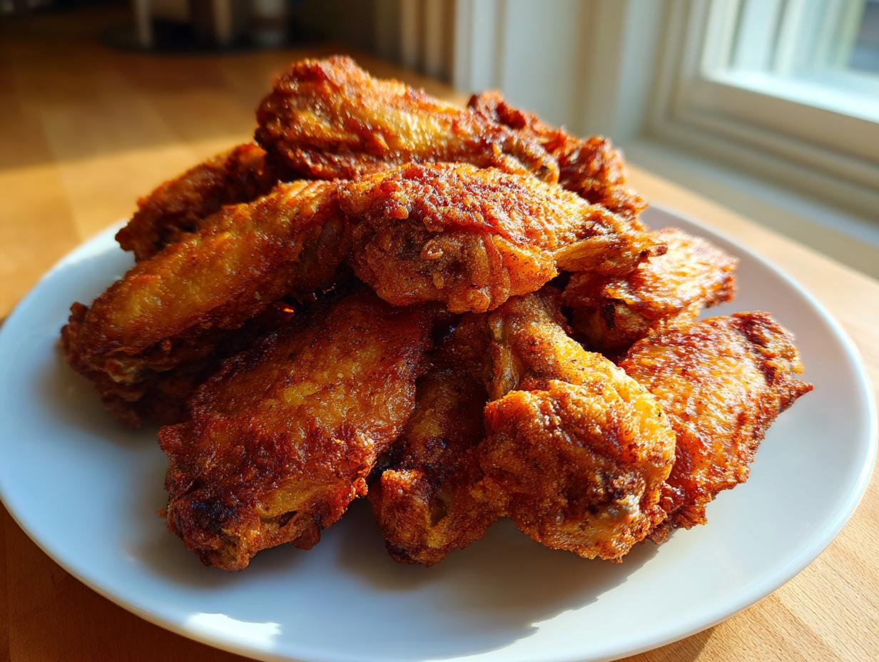 A mound of golden brown, crispy air fryer chicken wings piled high on a white plate.