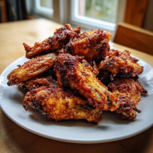 A white plate piled high with golden brown, crispy air fryer chicken wings ready to eat.