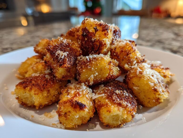 Close-up of golden brown, crispy air fryer gnocchi sprinkled with Parmesan cheese on a white plate.