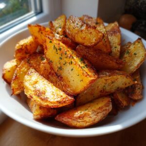 A close-up of golden brown, seasoned air fryer potato wedges piled high in a white bowl.