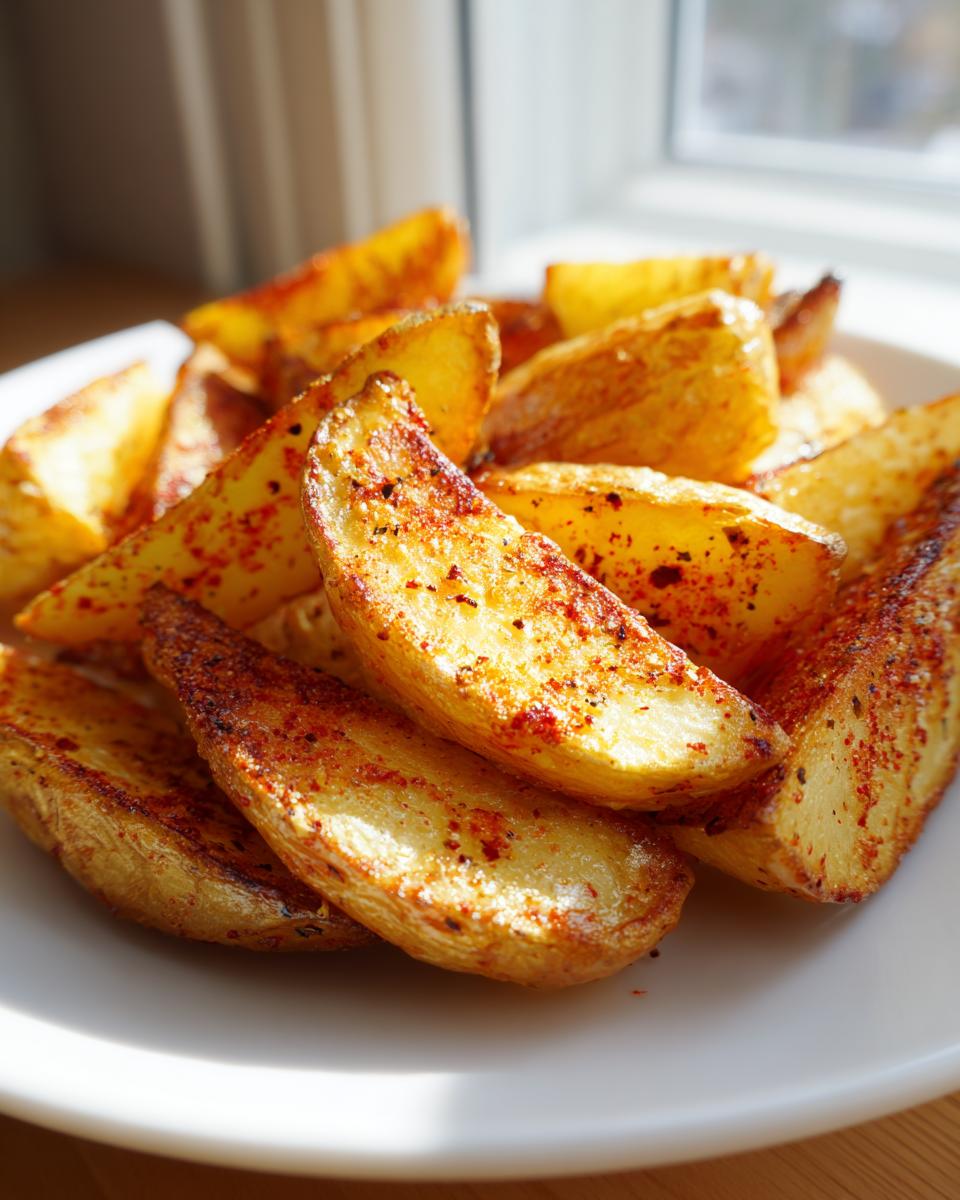 Close-up of golden, crispy air fryer potato wedges seasoned with paprika, piled on a white plate.
