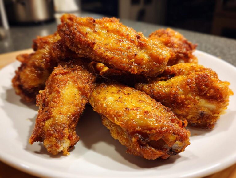 A close-up of several golden brown and crispy baked chicken wings piled high on a white plate.