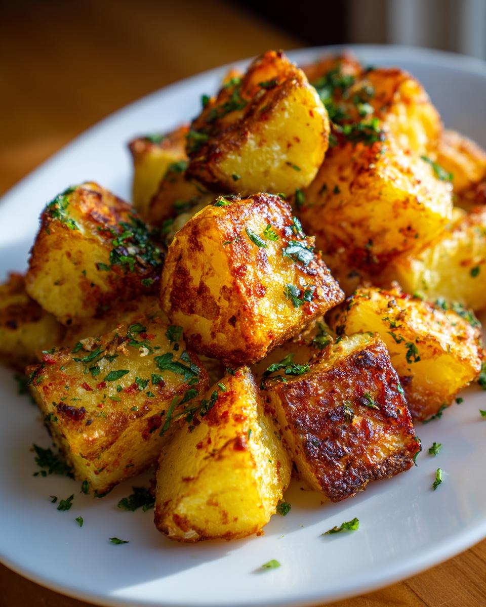 A close-up of perfectly golden and crispy breakfast potatoes seasoned and topped with fresh chopped parsley on a white plate.
