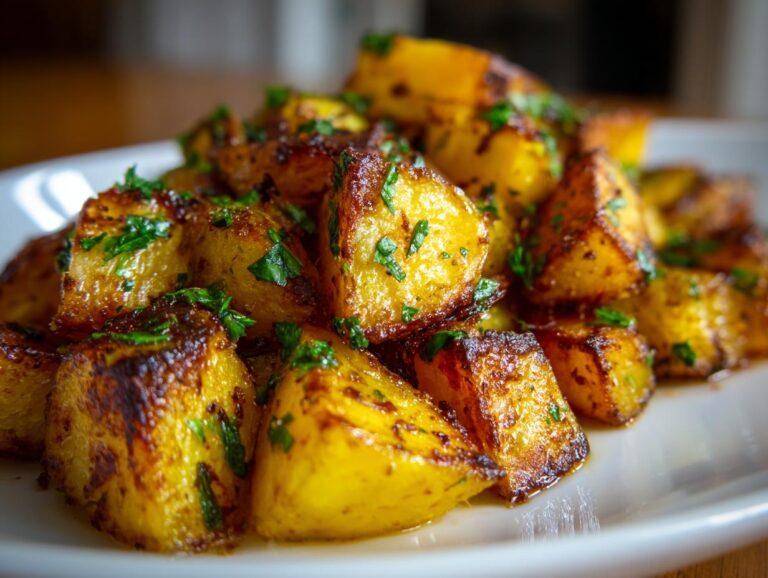 Close-up of golden brown, crispy breakfast potatoes seasoned and topped with fresh chopped parsley.