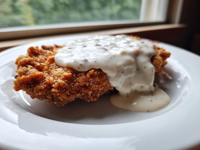 A close-up of a perfectly crispy chicken fried steak smothered in thick, peppery white country gravy.