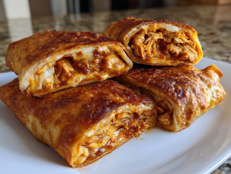 Four pieces of crispy, golden-brown chimichangas stacked on a white plate, showing shredded chicken and melted cheese filling.