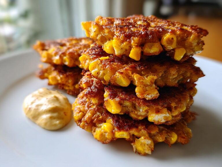 A stack of four golden-brown, crispy corn fritters served on a white plate next to a dollop of creamy dipping sauce.