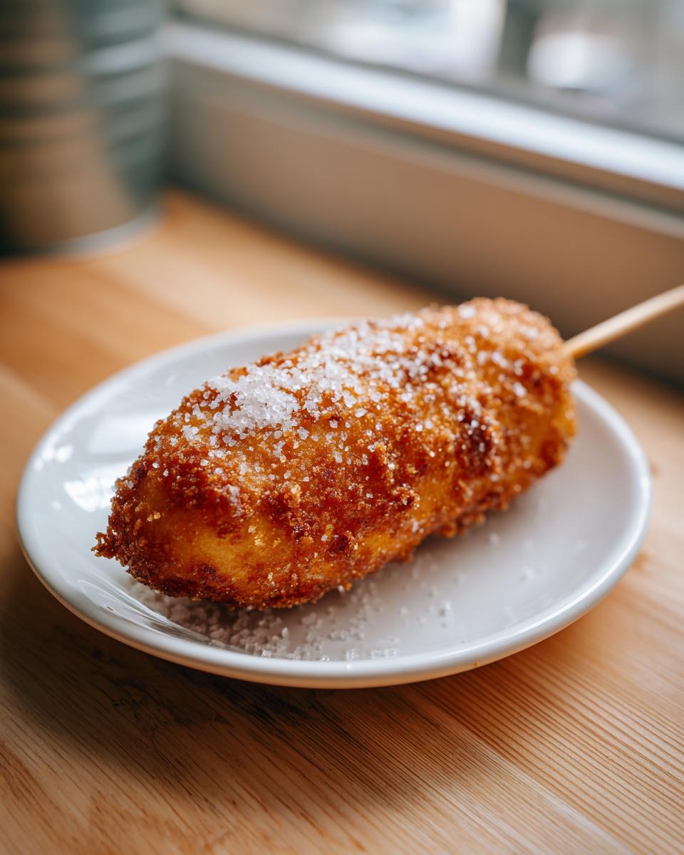 A golden brown, deep-fried korean corn dog dusted generously with white sugar, resting on a small white plate.