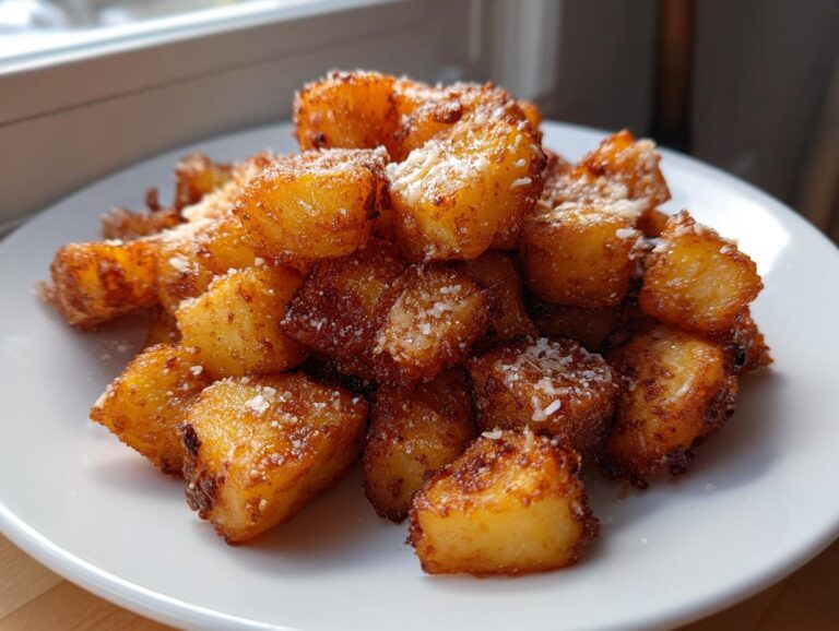 A close-up of perfectly crispy, golden-brown Mexican Potatoes dusted with white seasoning on a white plate.