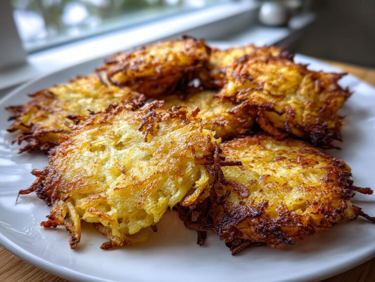 A close-up of several golden-brown, crispy potato latkes piled on a white plate near a bright window.