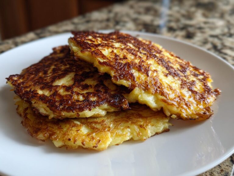A stack of three golden-brown, crispy potato pancakes showing shredded texture, served on a white plate.