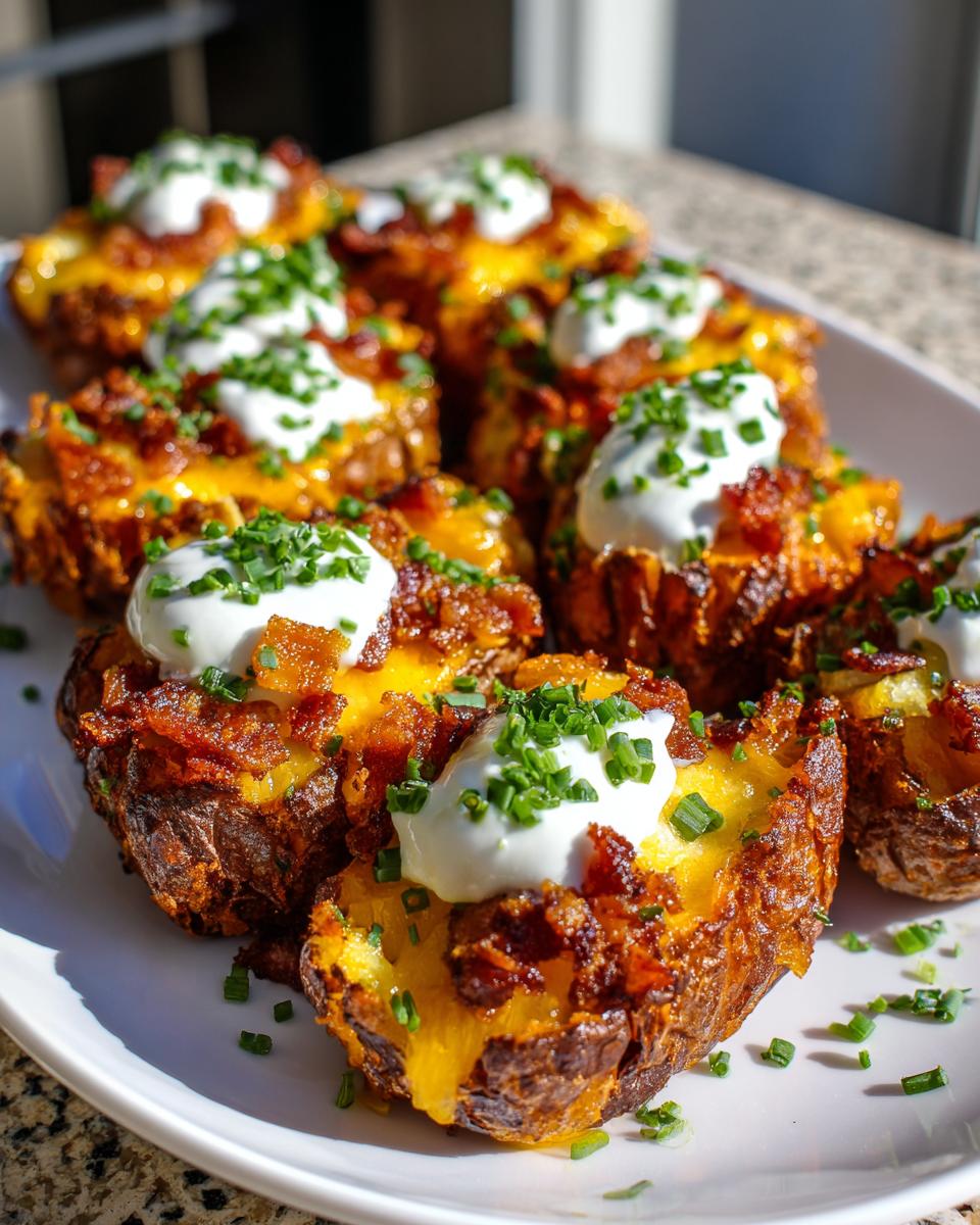A platter of fully loaded, crispy potato skins topped with melted cheddar, bacon bits, sour cream, and chives.