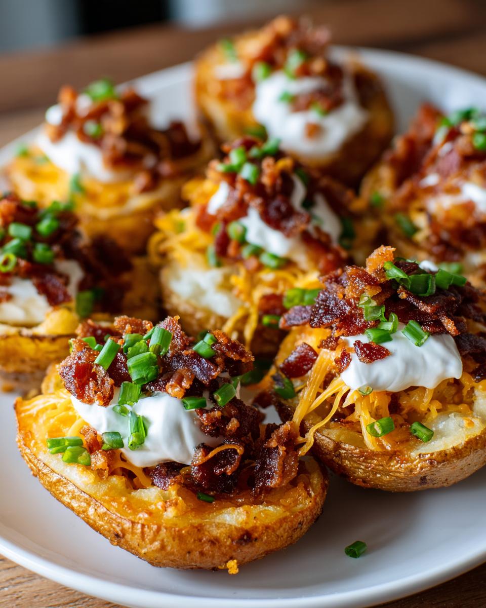 Close-up of crispy potato skins loaded with melted cheese, sour cream, bacon bits, and chives.