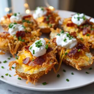 Close-up of crispy potato skins loaded with melted cheddar cheese, bacon bits, sour cream, and chives.