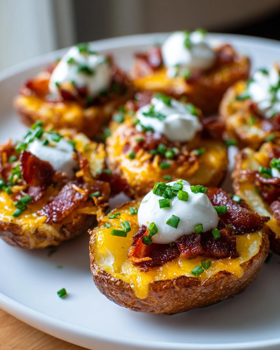 Close-up of crispy potato skins loaded with melted cheddar cheese, bacon bits, sour cream, and chives.