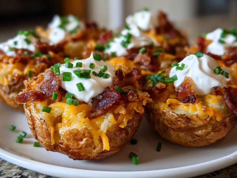 Close-up of several loaded crispy potato skins topped with melted cheese, bacon, sour cream, and chives.