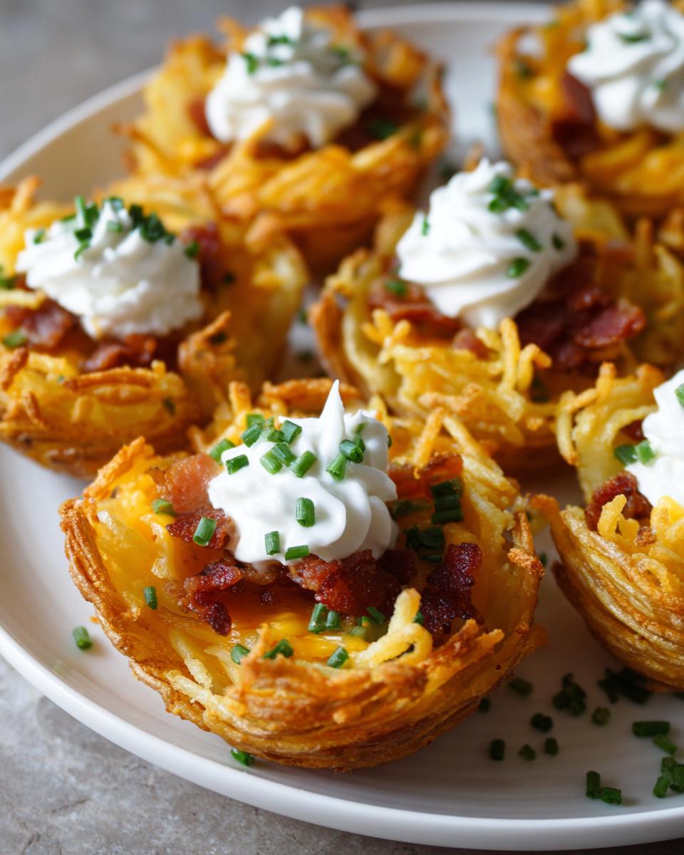 Close-up of crispy, shredded potato skins baked into cups, filled with cheese, bacon, sour cream, and chives.