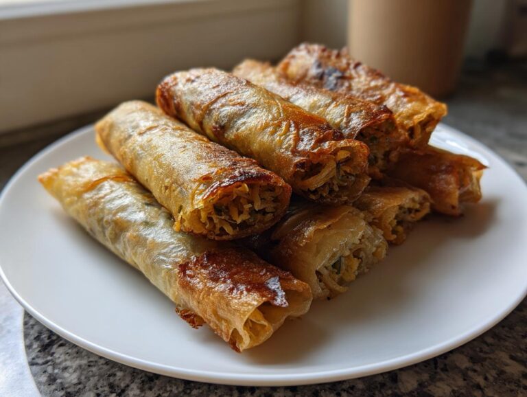 A stack of golden brown, crispy rice paper dumplings with visible filling, served on a white plate.