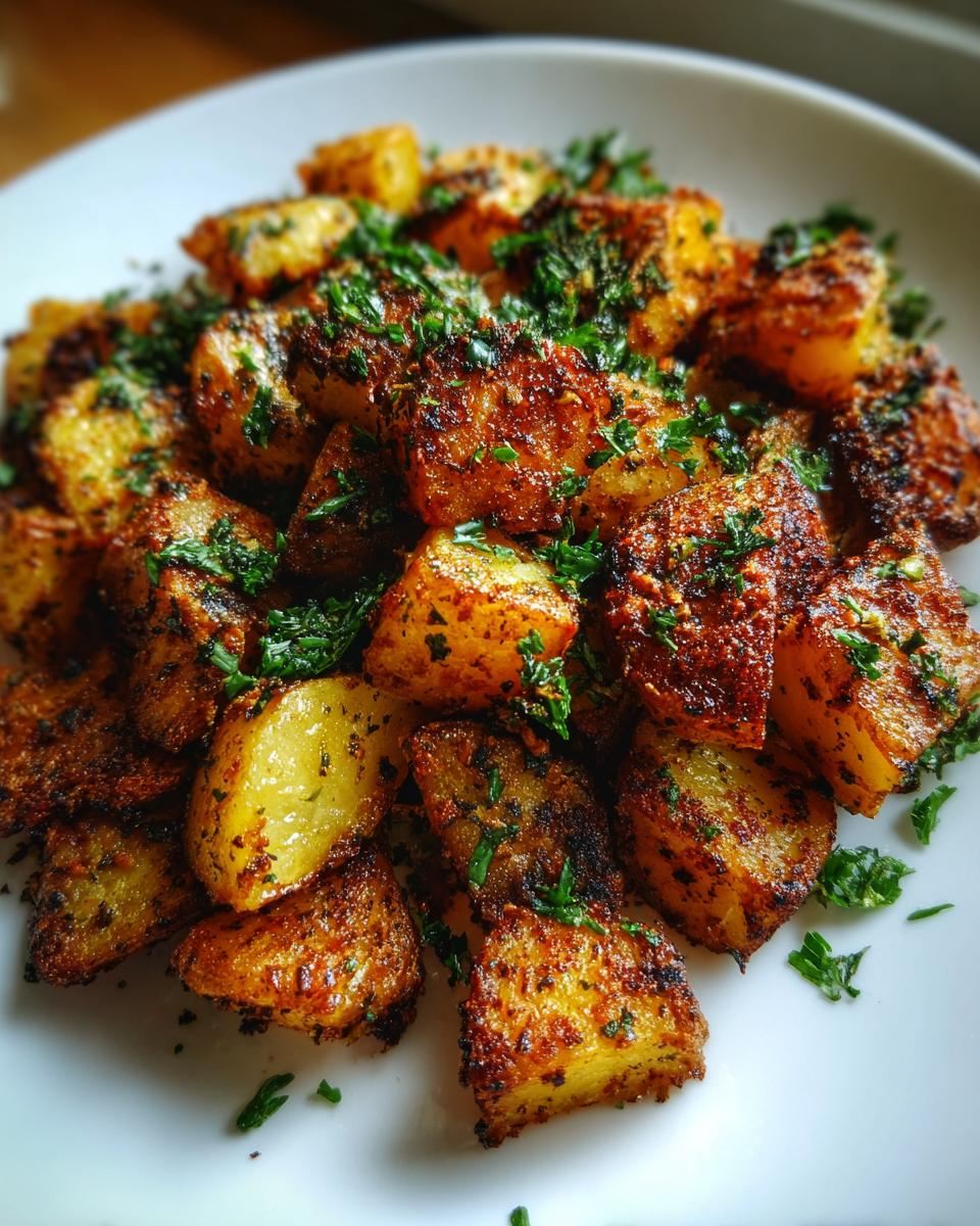 Close-up of perfectly crispy, golden-brown breakfast potatoes seasoned with spices and topped with fresh parsley.