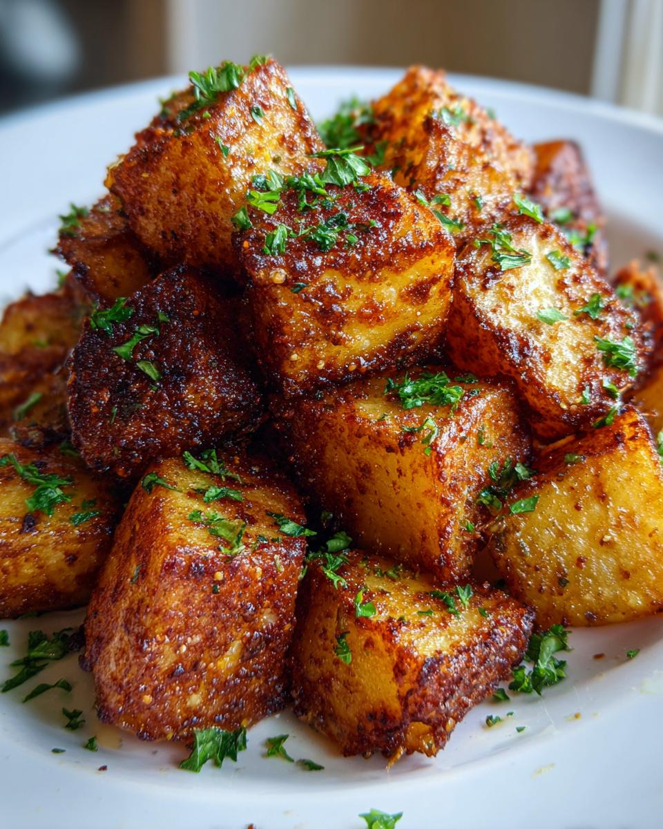 Close-up of perfectly crispy, golden-brown breakfast potatoes seasoned and garnished with fresh parsley.