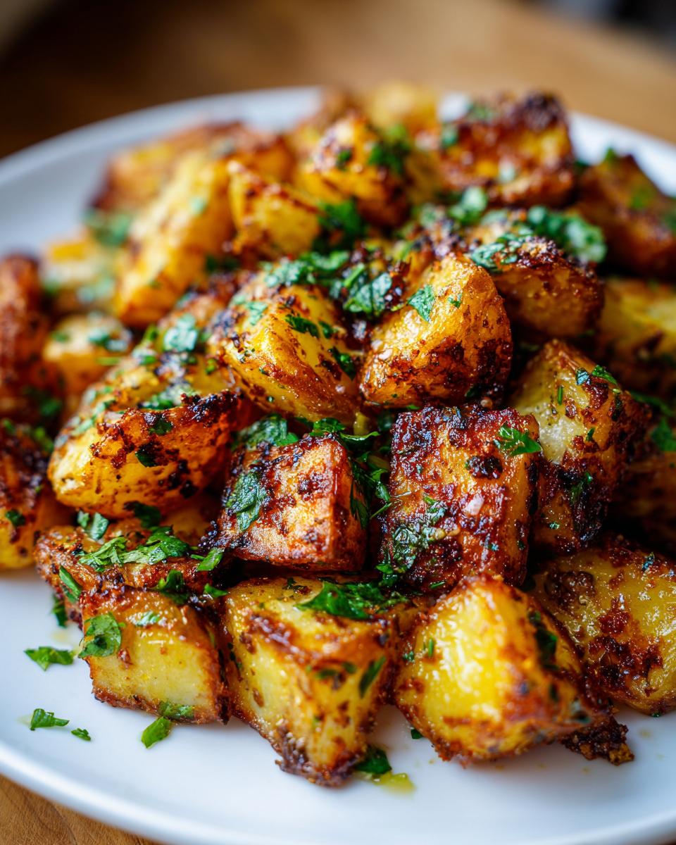 Close-up of perfectly crispy, golden-brown breakfast potatoes seasoned with spices and topped with fresh parsley.