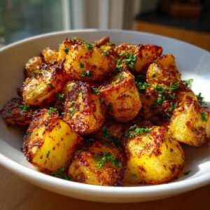 A close-up of golden brown, crispy breakfast potatoes seasoned with spices and topped with fresh parsley in a white bowl.