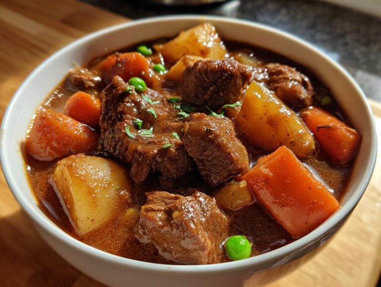 Close-up of a bowl filled with rich, dark crockpot beef stew featuring tender beef chunks, potatoes, and carrots.