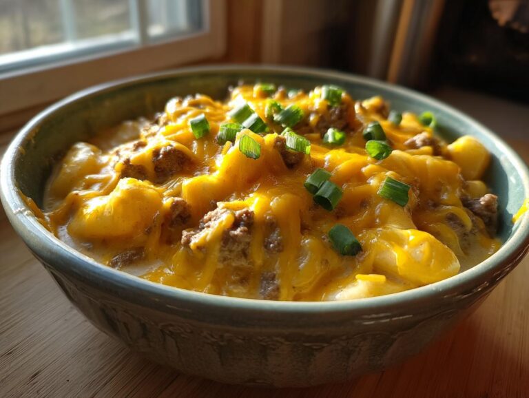 A close-up of a hearty bowl of crockpot cheeseburger soup, topped generously with melted cheddar cheese and sliced green onions.