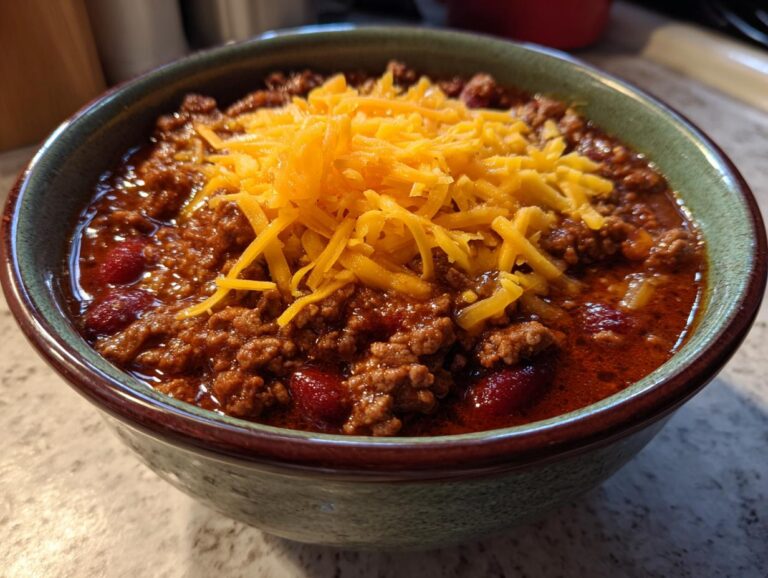 A close-up of a bowl of rich, meaty crockpot cowboy soup garnished generously with shredded cheddar cheese.