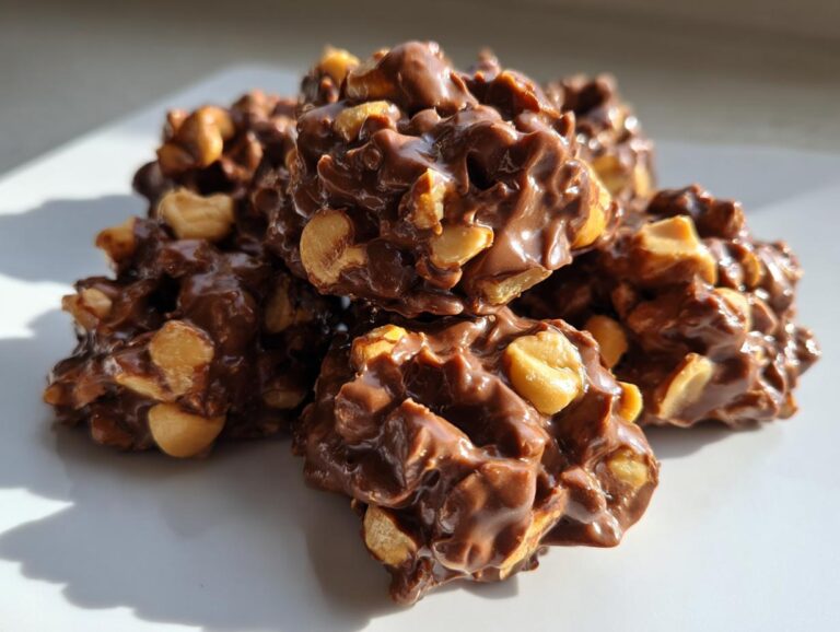 A pile of shiny, rich chocolate crockpot peanut clusters loaded with whole peanuts, set on a white surface.