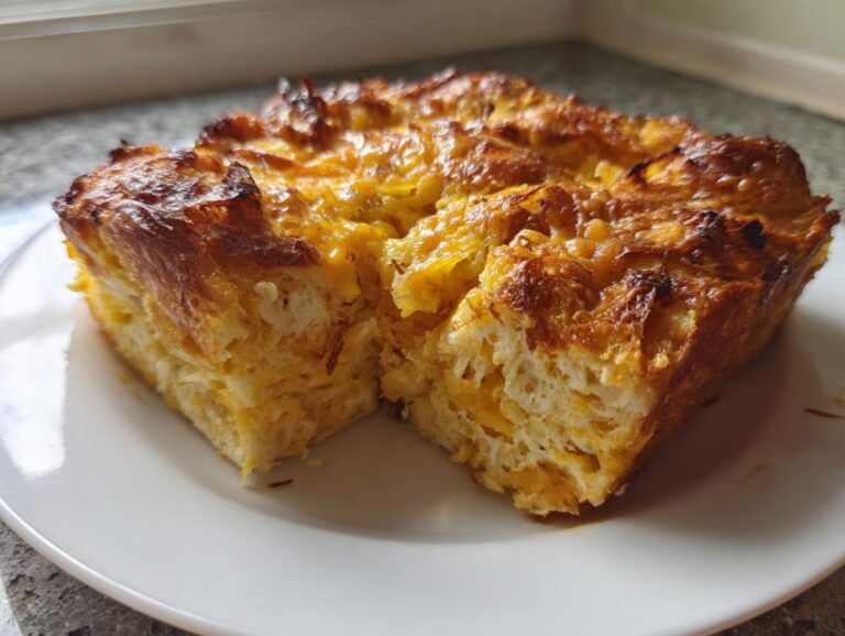 A close-up of a square serving of golden brown Croissant Breakfast Casserole, showing flaky layers and melted cheese.