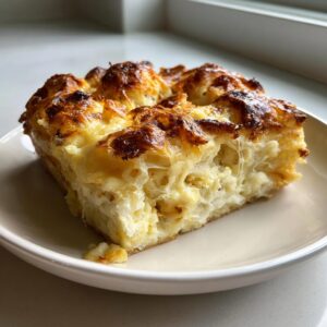A close-up of a single serving of Croissant Breakfast Casserole with a golden, cheesy, baked top.