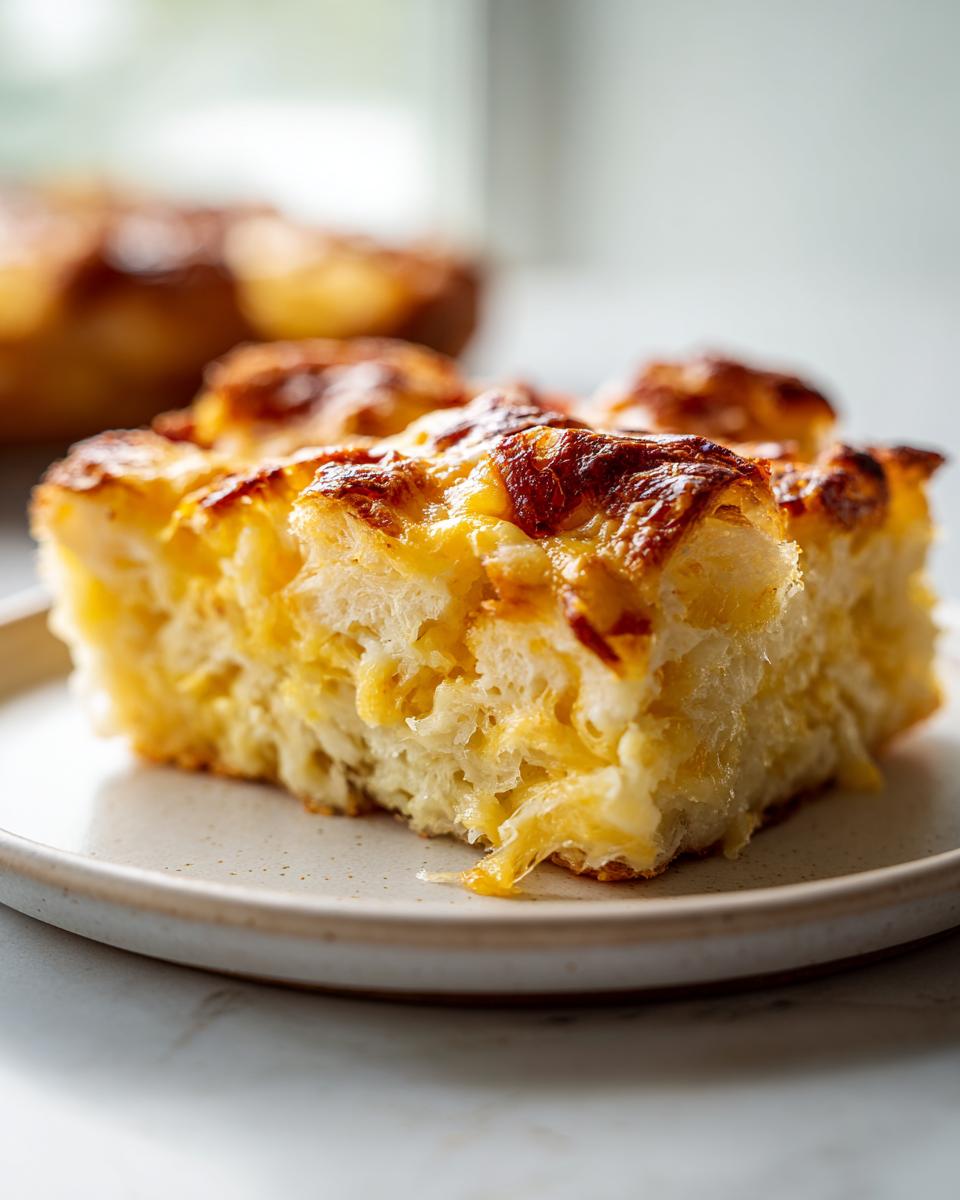 A close-up of a fluffy, cheesy slice of Croissant Breakfast Casserole on a small plate.