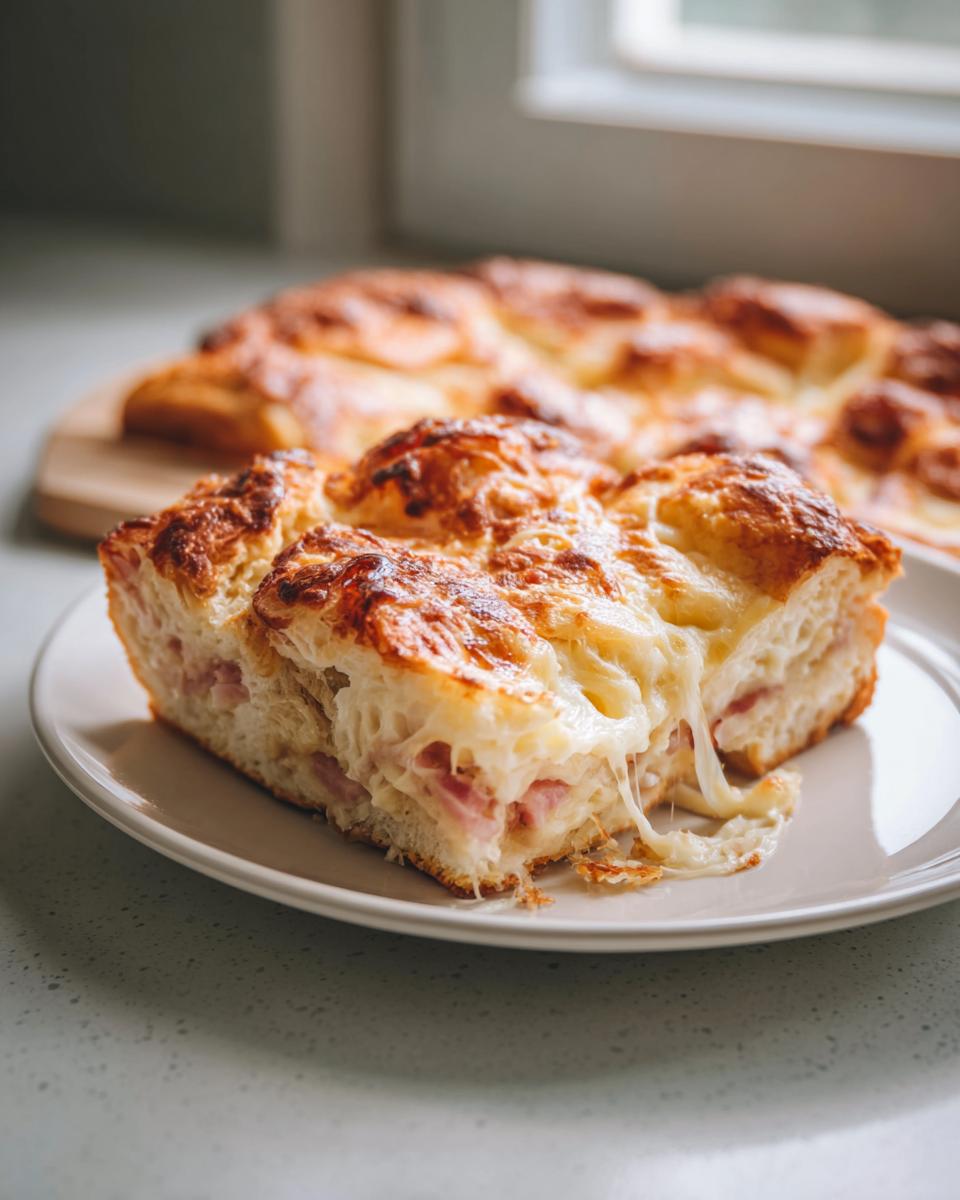 A slice of Croissant Breakfast Casserole showing melted, gooey cheese and ham baked into flaky croissant layers.