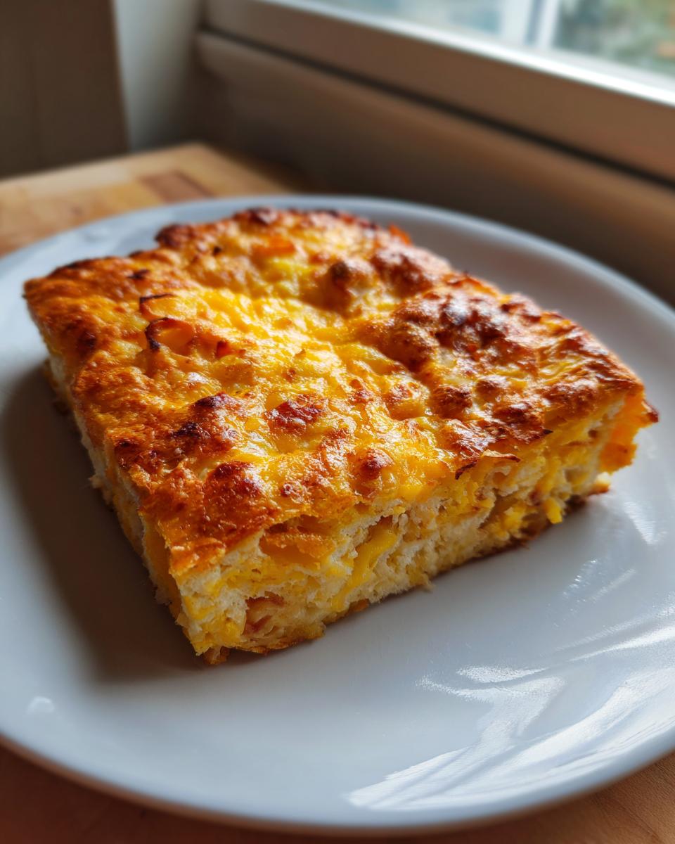 A single square slice of Croissant Breakfast Casserole with a golden, melted cheese top on a white plate.