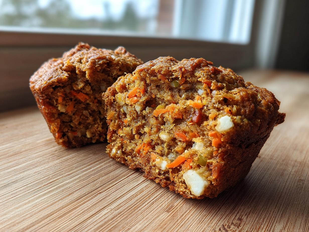 Close-up of a morning glory muffin cut in half, showing shredded carrots, nuts, and texture.
