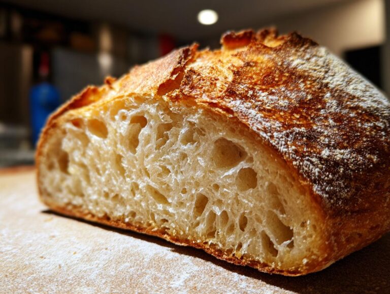 Close-up of the open crumb structure and crust of freshly baked french bread.